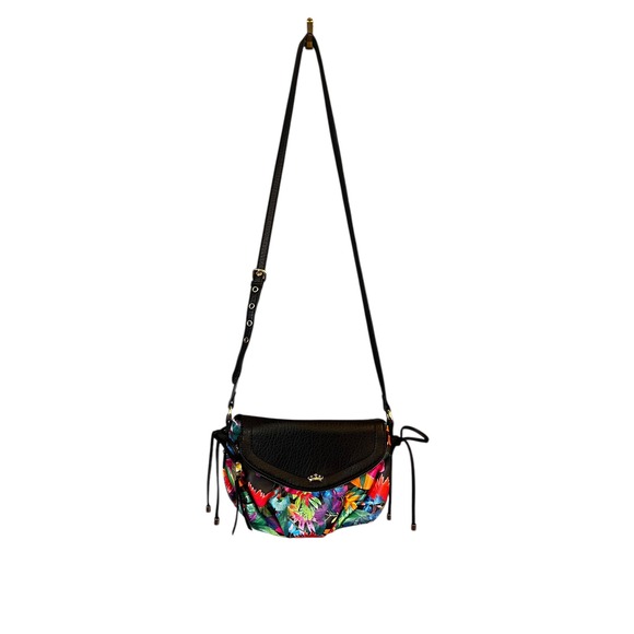 Juicy Couture Crossbody Bag Floral Tropical Print Black Leather Adjustable Strap - Picture 1 of 12